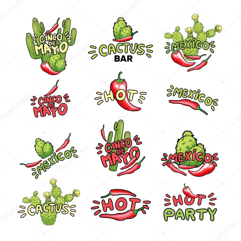Cactus and chili hand drawn illustrations set. Green saguaro cacti, red hot peppers doodle drawings. Cartoon lettering. Mexican isolated cliparts. Typography, logo, signboard flat design elements