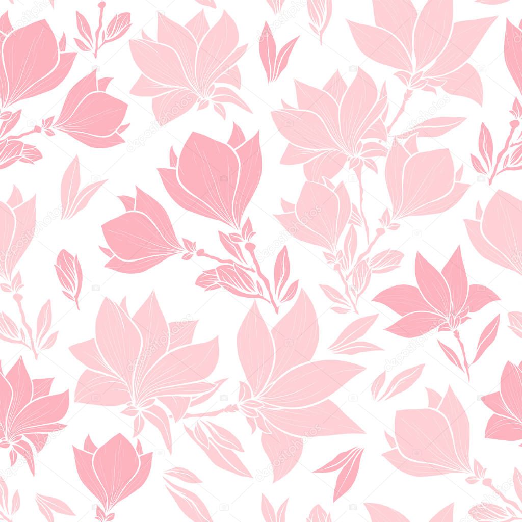 Magnolia pink flowers seamless vector pattern
