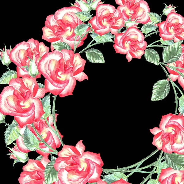 Kartka Życzeniami Ręcznie Rysowanych Kwiatów Róży Wieniec Ciemnym Tle — Zdjęcie stockowe