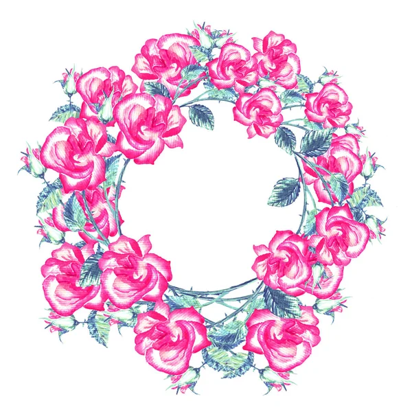 Wenskaart Met Hand Getekende Rose Bloemen Krans Geïsoleerd Witte Achtergrond — Stockfoto
