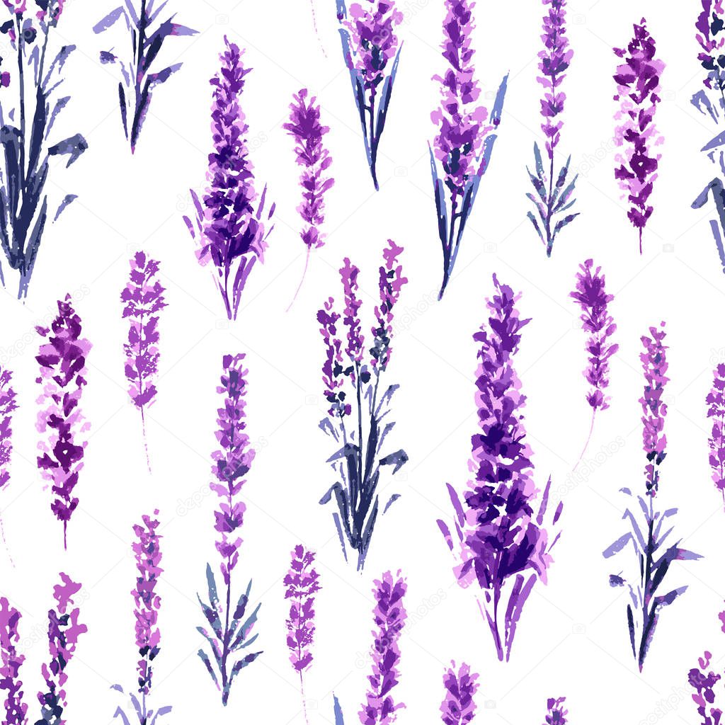 Seamless Pattern with watercolor lavender flowers isolated on white background