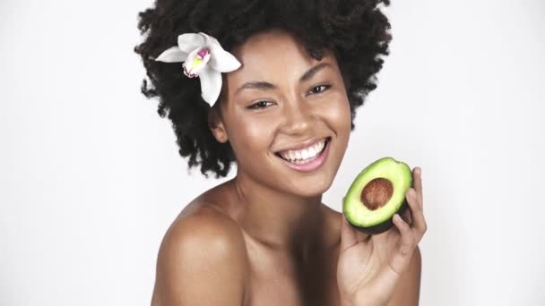 Naked Attractive African American Girl Holding Looking Half Avocado While — Stock Video