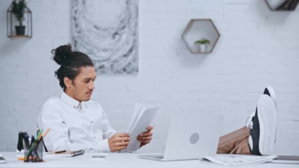 Handsome Good Looking Businessman Crossed Legs Table Reading Documents — Stock Video