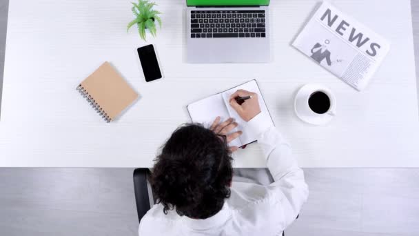 Top View Businessman Putting Glasses Using Laptop Writing Notebook Drinking — Stock Video