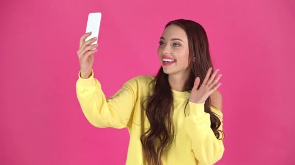 Studio Shoot Happy Young Woman Talking Video Call Smartphone Crimson — Stock Video