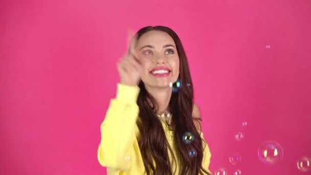 Studio Shoot Happy Young Woman Touching Soap Bubbles Air Crimson — Stock Video