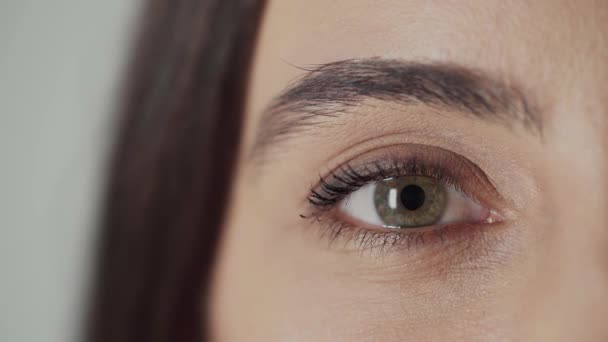 Vista Recortada Mujer Mirando Cámara Levantando Ceja Aislada Gris — Vídeo de stock