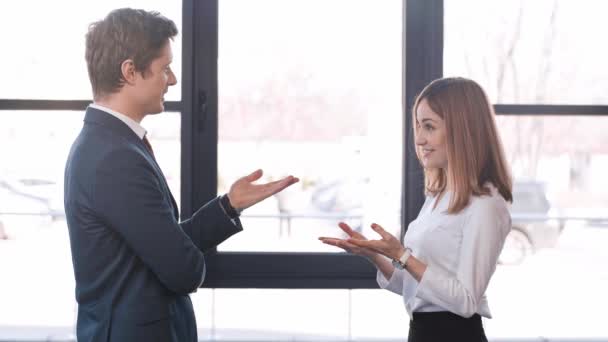 Handsome Man Standing Crossed Arms Talking Attractive Cheerful Coworker While — Stock Video