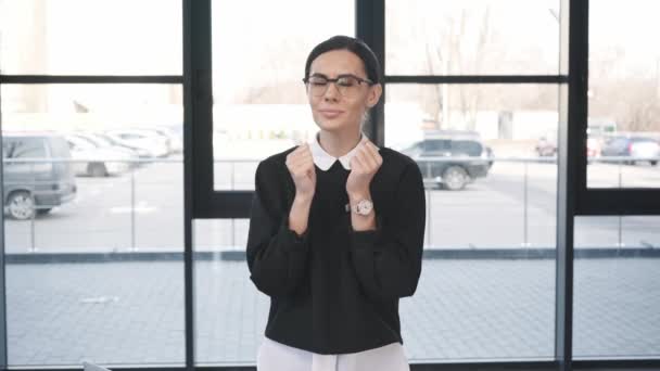 Attractive Worried Woman Glasses Standing Clenched Hands Job Interview — Stock Video