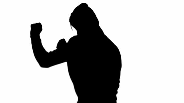 Silueta Del Hombre Entrenamiento Capucha Boxeo Aislado Blanco — Vídeos de Stock