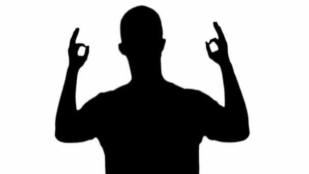 Vista Frontal Silhueta Homem Levantando Mãos Mostrando Sinais Isolados Branco — Vídeo de Stock