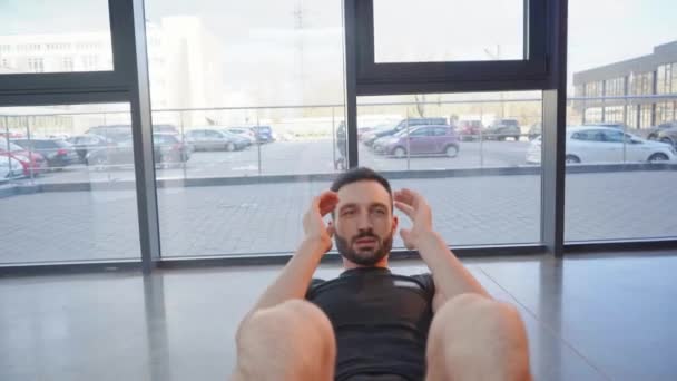Bearded Sportsman White Shorts Doing Abs Gym — Stock Video
