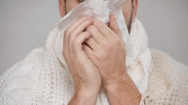 Cropped View Bearded Sick Man Blowing Nose Tissue Stock Video