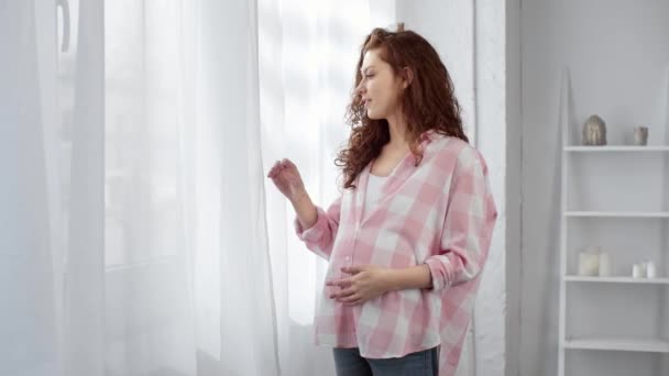 Beautiful Pregnant Young Woman Touching Tummy Looking Camera Smiling Home — Stock Video