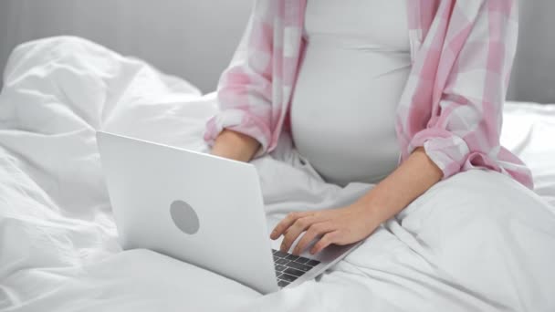 Cropped View Pregnant Young Woman Using Laptop Bed — Stock Video