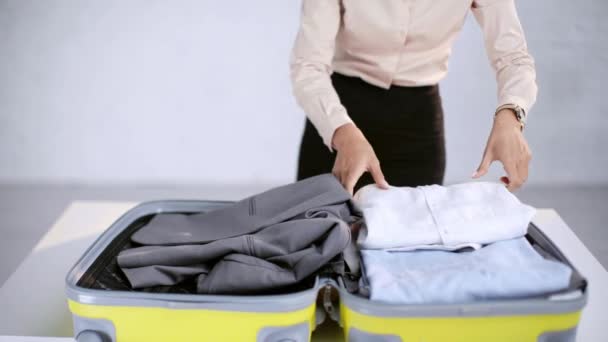 Cropped View Businesswoman Packing Clothes Suitcase Home — Stock Video