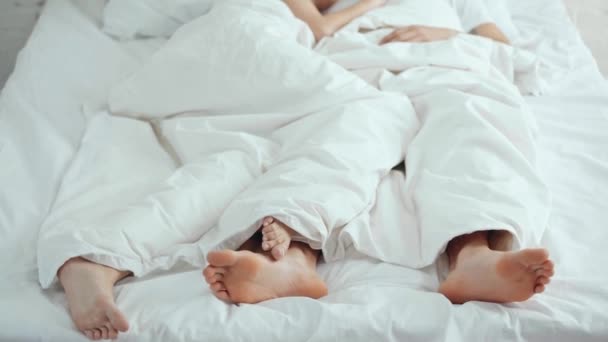 Couple Touching Legs Embracing Kissing While Lying Bed — Stock Video