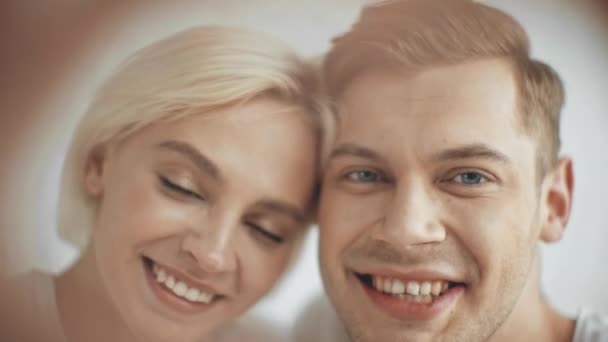 Selective Focus Beautiful Smiling Couple Looking Camera Showing Heart Symbol Video Clip