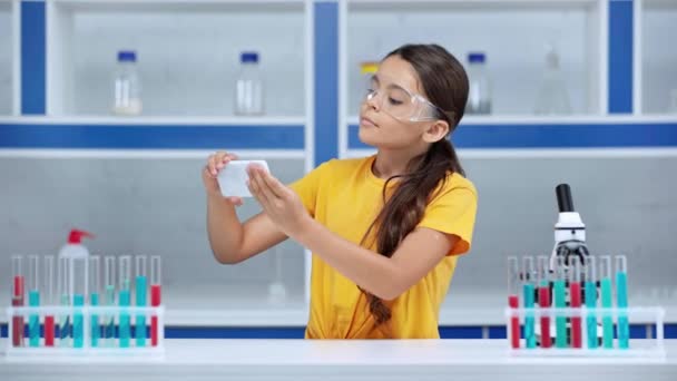 Cute Kid Taking Selfie Laboratory — Stock Video