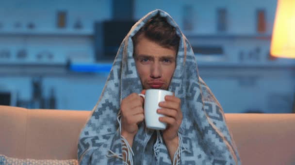 Sick Man Cough Runny Nose Blanket Drinking Tea — Stock Video