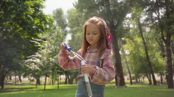 緑の公園で石鹸の泡で遊ぶかわいい子供 — ストック動画