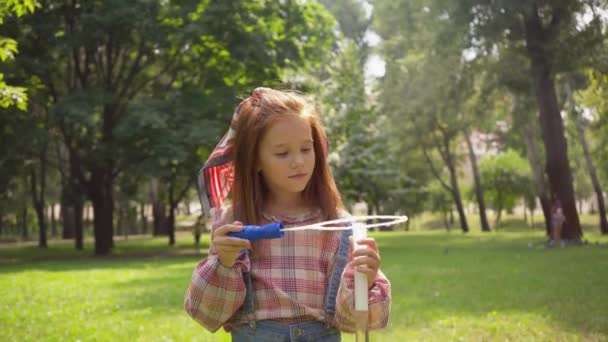 Niedliches Kind Pustet Seifenblasen Grünen Park — Stockvideo