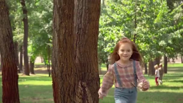 Mignon Rousse Enfant Courir Dans Vert Ensoleillé Parc — Video