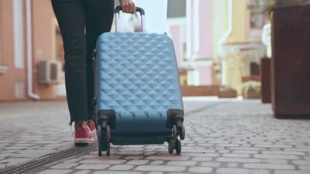 スーツケースを持って歩く女性のトリミングされたビュー — ストック動画