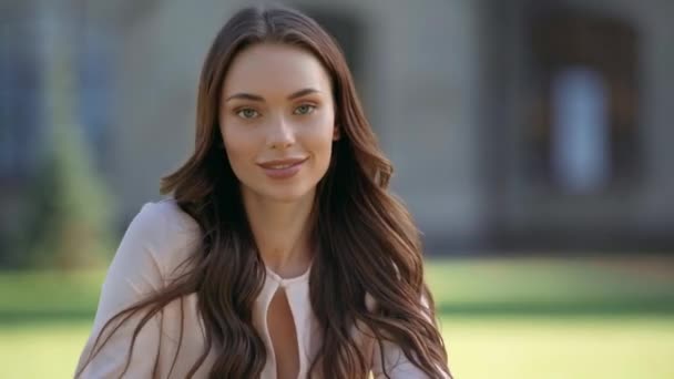 Young Woman Looking Camera Touching Hair — Stock Video