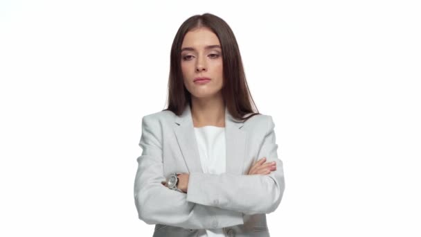 Offended Businesswoman Crossed Arms Isolated White — Stock Video