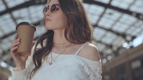Stylish Girl Sunglasses Drinking Coffee — Stock Video
