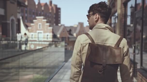 Handsome Man Backpack Walking — Stock Video