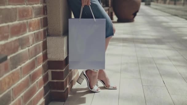 Bonita Mujer Pie Con Bolsa Compras — Vídeos de Stock