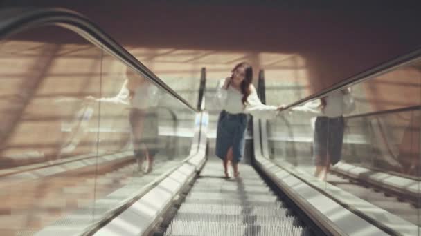 Selective Focus Happy Woman Escalator — Stock Video