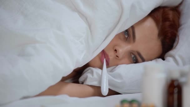 Ill Woman Lying Blanket Measuring Temperature Thermometer — Stock Video
