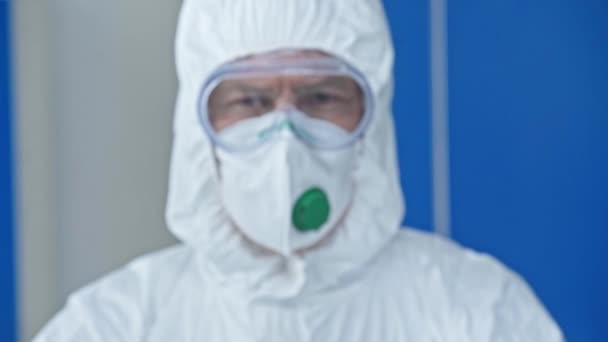 Selective Focus Male Scientist Holding Test Tube Coronavirus Lettering — Stock Video