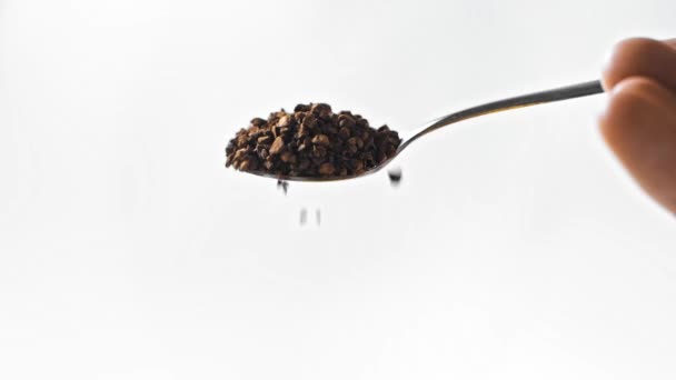 Slow Motion Man Holding Spoon Instant Coffee Isolated White — Stock Video