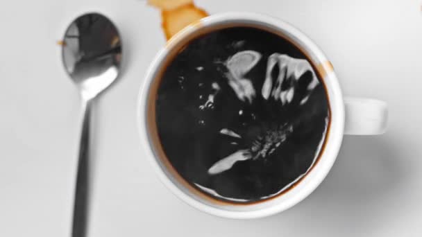 Top View Sugar Cube Falling Cup Black Coffee White — Stock Video