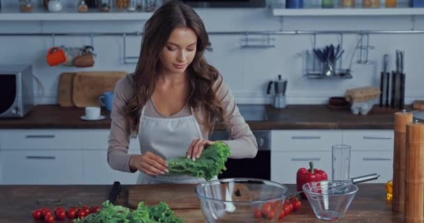 Atractiva Chica Delantal Corte Lechuga Tabla Cortar — Vídeos de Stock