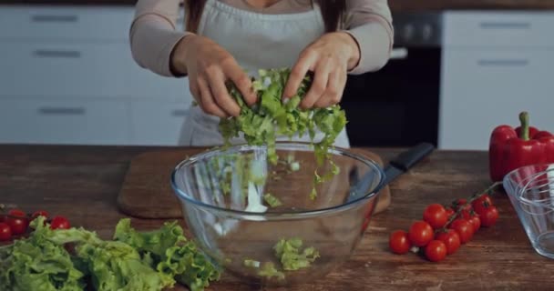 Bijgesneden Beeld Van Vrouw Zetten Sla Kom — Stockvideo