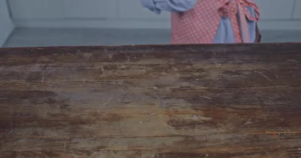 Cropped View Woman Apron Taking Putting Pie Table — Stock Video