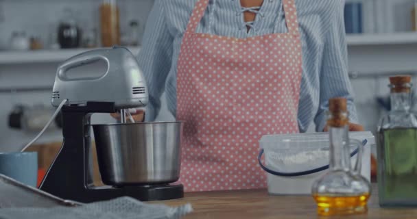 女性在厨房食品加工机中添加面粉的剪影 — 图库视频影像