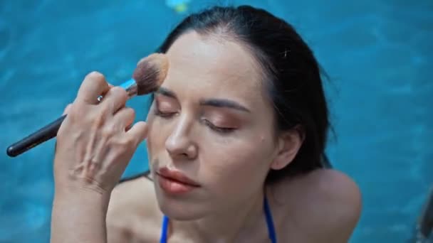 Makeup Artist Applying Face Foundation Young Woman Pool — Stock Video