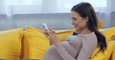 Hamile kadın evdeki koltukta akıllı telefon kullanıyor. 