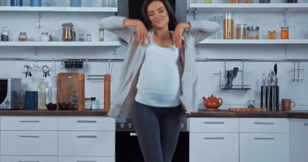 Pregnant Woman Dancing Kitchen — Stock Video