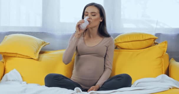 Femme Enceinte Buvant Lait Sur Canapé — Video