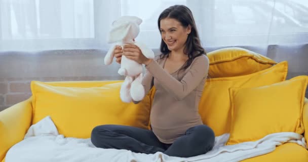 妊娠女性保持柔らかいおもちゃオンソファ — ストック動画