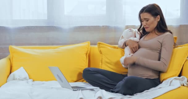 Mulher Grávida Com Brinquedo Macio Chorando Perto Laptop Sofá — Vídeo de Stock