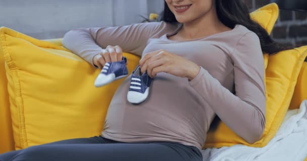 Vue Recadrée Femme Enceinte Tenant Des Chaussons Bébé Sur Canapé — Video