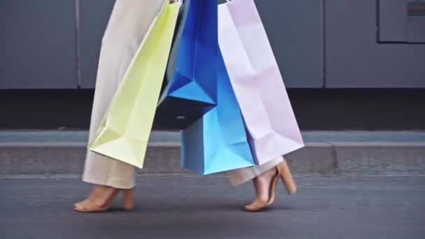 Cropped View Woman Holding Shopping Bags While Walking Street — Stock Video